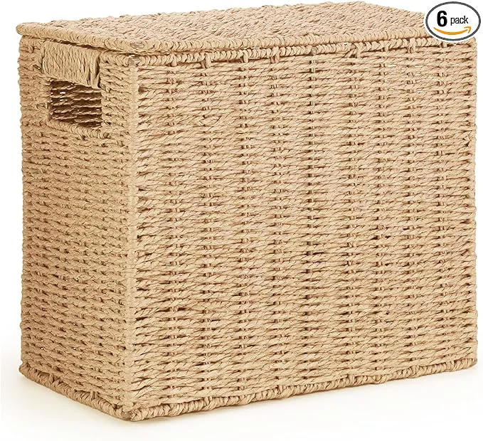 Elite 14 Inch Toilet Paper Storage Basket with Lid 6-Roll Bathroom Organizer Woven Paper Rope Basket for Narrow Spaces Multi-Purpose Holder for Towels Utensils Picnic Home DecorAbout ThisOverview Versatile