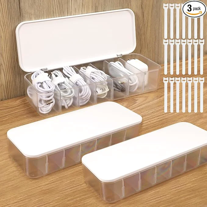 Premium Cable Organizer Box with Lid 3 Pcs Cable Cord Storage Organizer Box with 21 Wire Ties 54 Cable Labels 7 Compartments Charger Organizer for Office Drawer Desk Accessories CaseAbout ThisOverview Prestigious