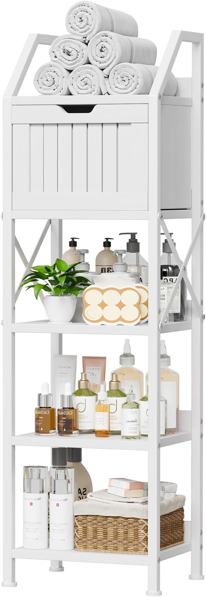 Sustainable Homeiju Bathroom Floor Cabinet 5-Tier Bathroom Storage Organizer Rack with Drawer Multifunctional Corner Unit 47.24 Inches in Height WhiteAbout ThisOverview Crafted