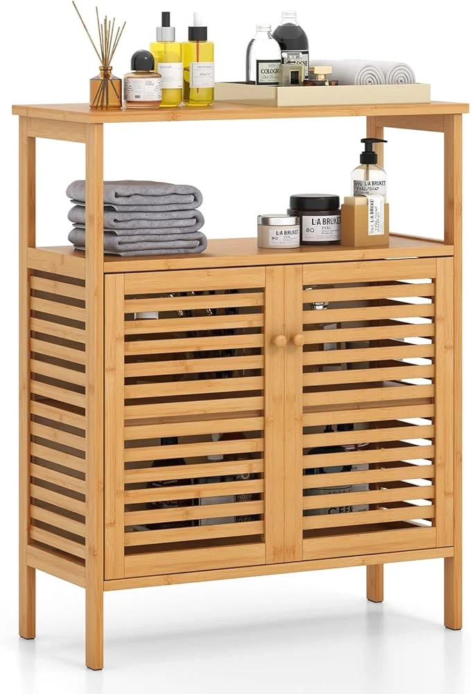 Comfortable Tangkula Bamboo Floor Cabinet Bathroom Storage Cabinet with Double Slatted Doors Open Shelf Removable Shelf Storage Organizer for Bathroom Doorway Living Room KitchenAbout ThisOverview Consistent