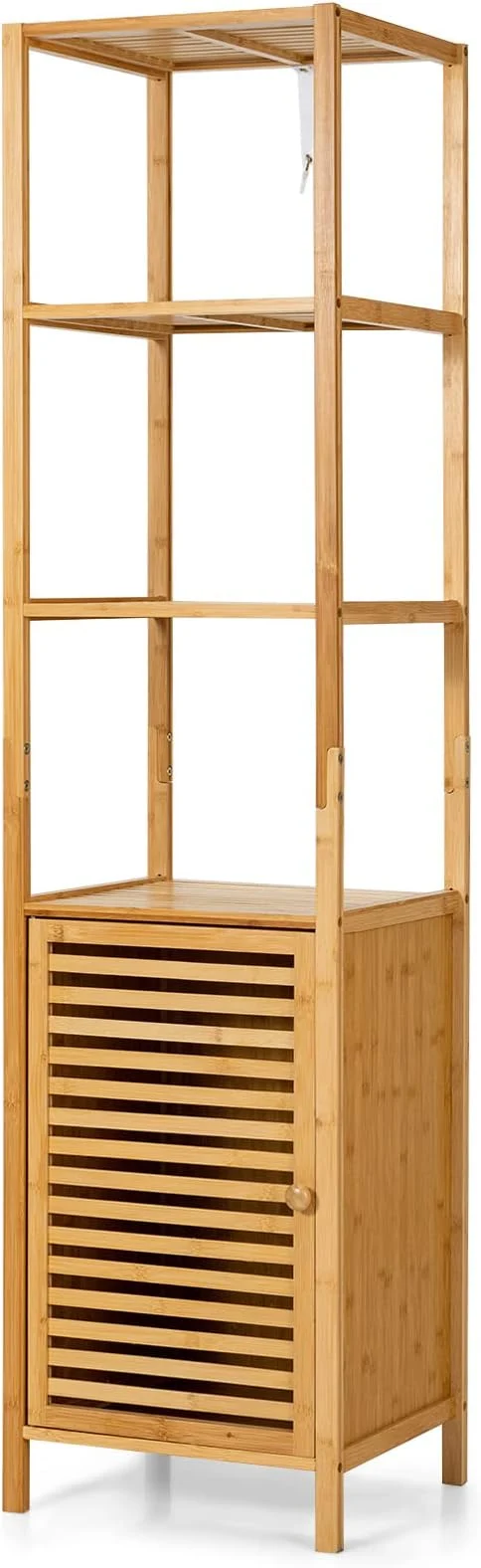 Responsible Tangkula Bathroom Cabinet 65 Inch Tall Slim Bathroom Storage Cabinet with Shutter Door and 3 Open Shelves Narrow Multifunctional Tower Cabinet Natural Bamboo 15.5 x 14.5 x 65 InchAbout ThisOverview Excellent