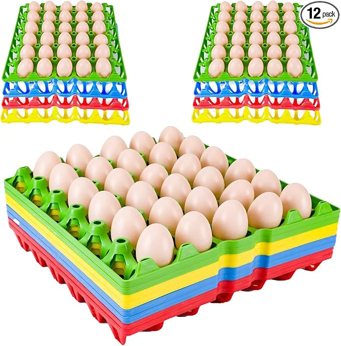 Efficient 12 Pack Plastic Egg Tray 30 Cell Egg Crates Egg Flats Stackable Egg Carton for Home Chicken Farmers Storing Sorting and Shipping Eggs Holds Multiple Eggs 4 ColorsAbout ThisOverview Sustainable