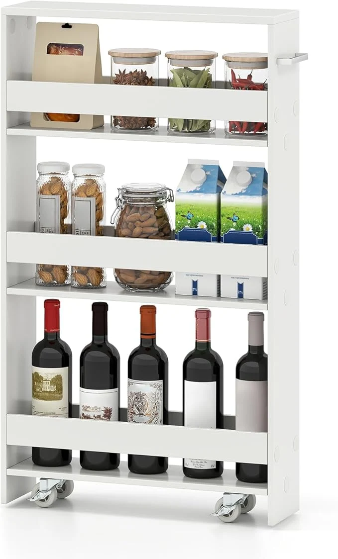 Trusted Small Kitchen Cart 4-Tier Slim Rolling Island w Handle Laundry Room Storage Organizers Between Washer and Dryer Narrow Spice Rack on Wheels Next to Fridge White 5'' About ThisOverview Sustainable