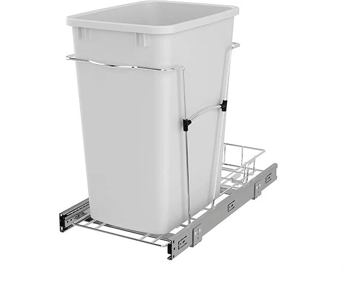 Stylish Rev-A-Shelf Pullout Trash Can for Kitchen Cabinets 35 Quart Garbage Waste Recycling Bin with Full Extension Slides White RV-12KD-11CAbout ThisOverview Unique