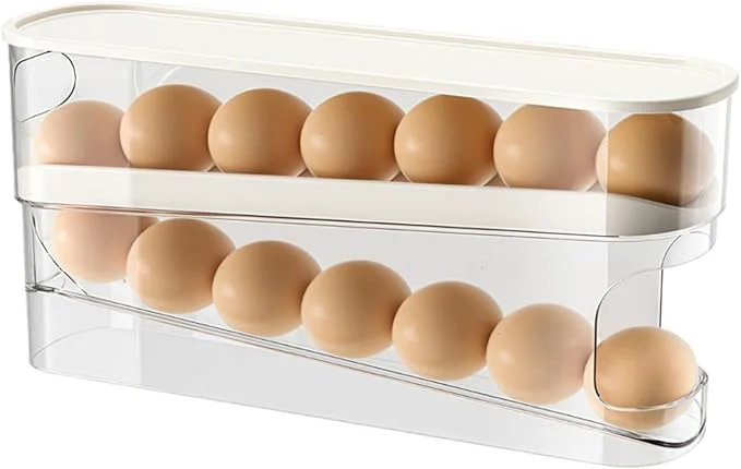 Exclusive Egg Holder for Fridge Space-Saving Automatic Rolling Egg organizer for refrigerator 2-Layer Stackable Fridge Egg Dispenser and Storage with Lid for Kitchen Countertop Dining RoomAbout ThisOverview Durable