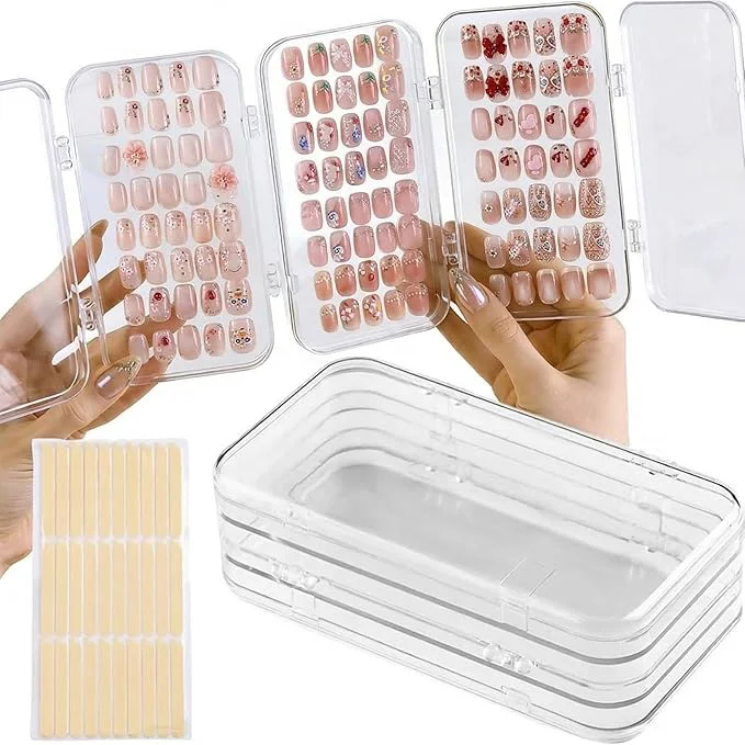 Premium Inmorven Press On Nail Storage Box Tri-Fold Transparent PET Nail Organizer Case with 30pcs Double-Sided Adhesive Tape Portable 3-Layer Fake Nails Display Holder for Travel HomeAbout ThisOverview Flexible