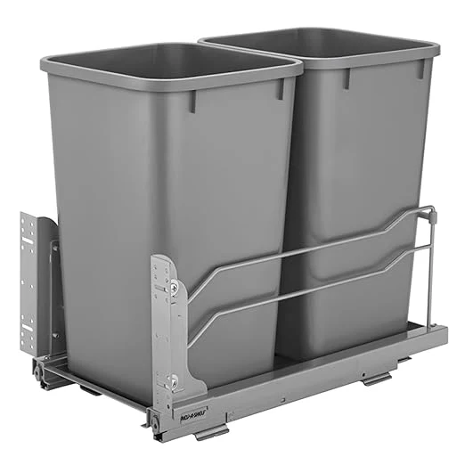Clean Rev-A-Shelf Double Pullout Trash Can for Base Kitchen Cabinets 27 Quart 12.5 Gallon with Soft-Close Slides Metallic Silver 53WC-1527SCDM-217About ThisOverview Excellent