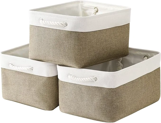 Exceptional TheWarmHome Storage Basket for Organizing - 16x12x8 inch Large 3 Pack Collapsible Storage Bin for Shelves with Handles Fabric Storage Cubes for Organizer Cloth Gift Toy Closet Whiet Khaki About ThisOverview Elite