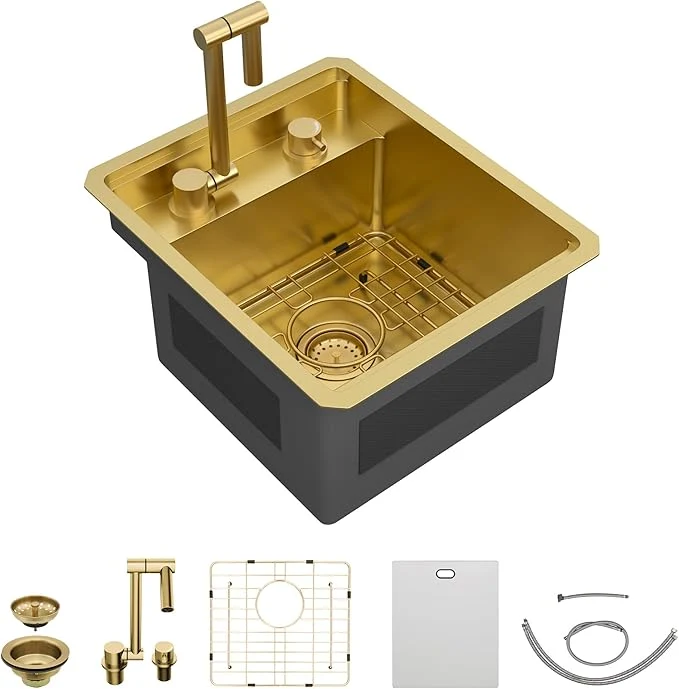 Specialty 15 x17 Small RV Kitchen Sink – 16 Gauge 304 Stainless Steel Brushed Gold NANO-PVD Undermount Single Bowl Sink with Foldable Faucet for RV Camper Mobile Home Wet BarAbout ThisOverview Quality