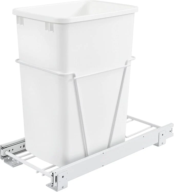 Fine Rev-A-Shelf Steel Pullout Waste Container with Single Trash Can 35 Quart White - Sliding Garbage Bin System for Kitchen or Bathroom Base Cabinets RV-12PBAbout ThisOverview Reliable