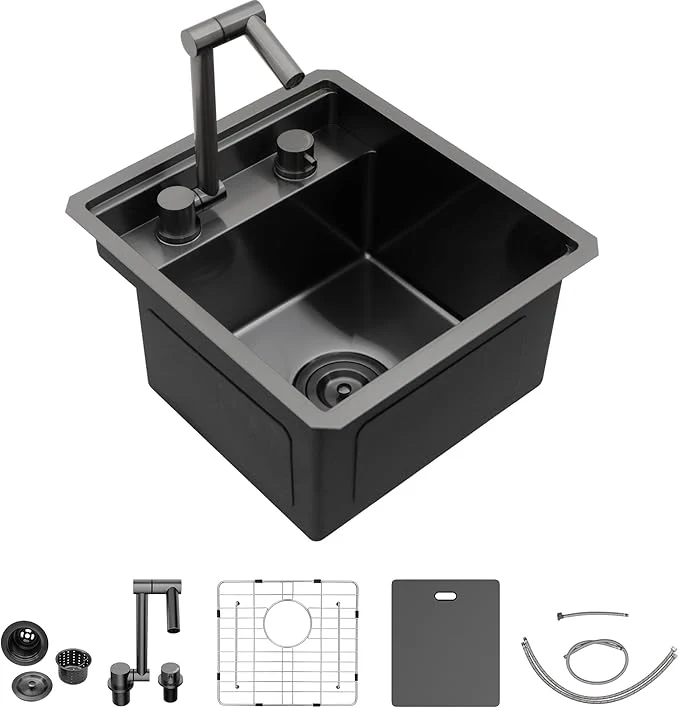 Fashionable 13 x15 Small RV Kitchen Sink – 16 Gauge 304 Stainless Steel Gunmetal Black NANO-PVD Undermount Single Bowl Basin with Foldable Faucet for RV Outdoor Camper Mobile Home Wet BarAbout ThisOverview Quality