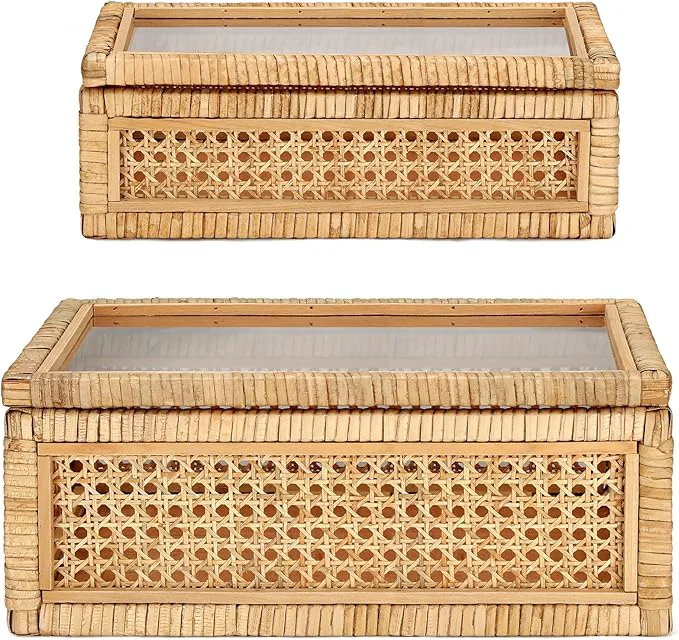 Refined Amyhill Set of 2 Rattan Box Rattan with Glass Lids Decorative Woven Cane Boxes Multipurpose Square Basket for Home Shelf Organizer 15.4 x 9.5 x 7.1 Inch 12.6 x 6.7 x 4.3 Inch About ThisOverview Green