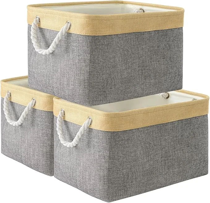 Contemporary TheWarmHome Storage Basket for Organizing - Fabric Large Cubes 3 Pack 16x12x12 inch Baskets Cube Storage Bin for Shelves Organizer Closet Cloth Gift Toy Gold Grey About ThisOverview Organic