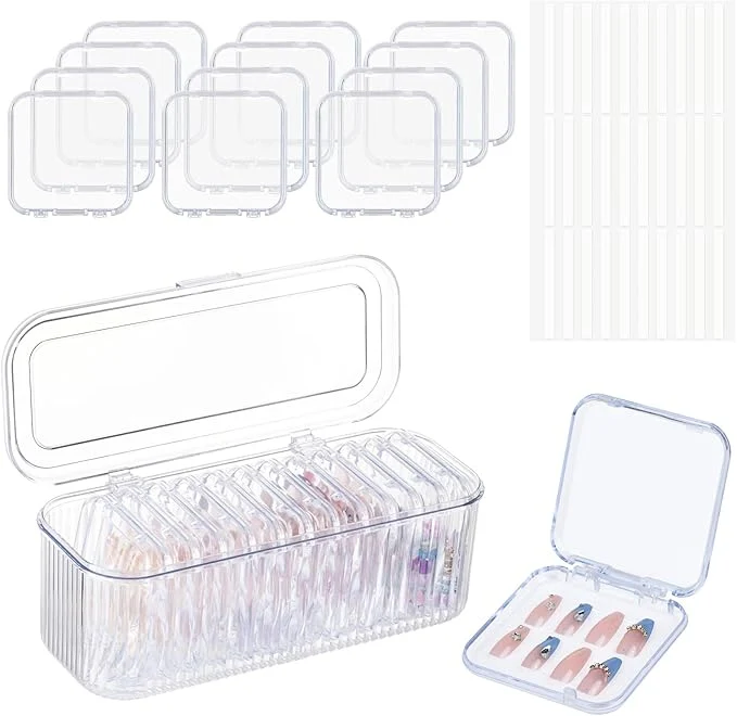 Sustainable Press On Nail Orgnizer 12pcs 3.3inch Clear nail storage box and 1 large storage box for Press On Nail Packaging and fake Nail Storage Nail Display with double sided tape.About ThisOverview Fine
