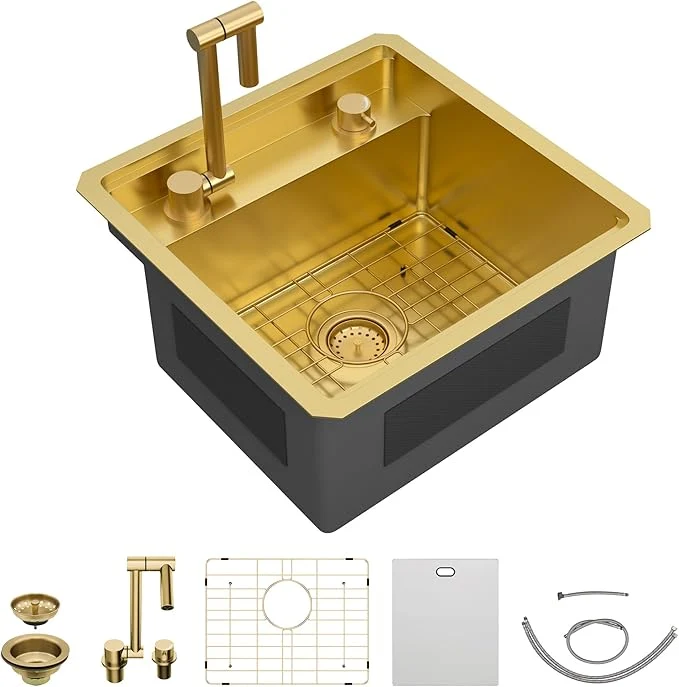 Next-Generation 18 x18 Undermount RV Kitchen Sink – 16 Gauge 304 Stainless Steel Brushed Gold NANO-PVD Single Bowl Sink with Foldable Faucet for RV Camper Mobile Home Wet BarAbout ThisOverview Casual