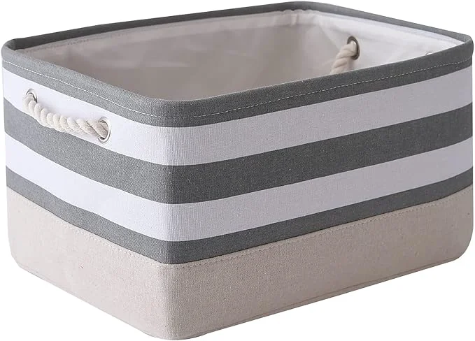 Official TheWarmHome Storage Basket Fabric Basket with Handles Dog Toy Basket Cloth Storage Bin Shelf Basket Decorative Storage Basket Shoe Basket Gift Basket Grey White Stripes-1 Pack 15.7L×11.8W×8.3H About ThisOverview Flexible