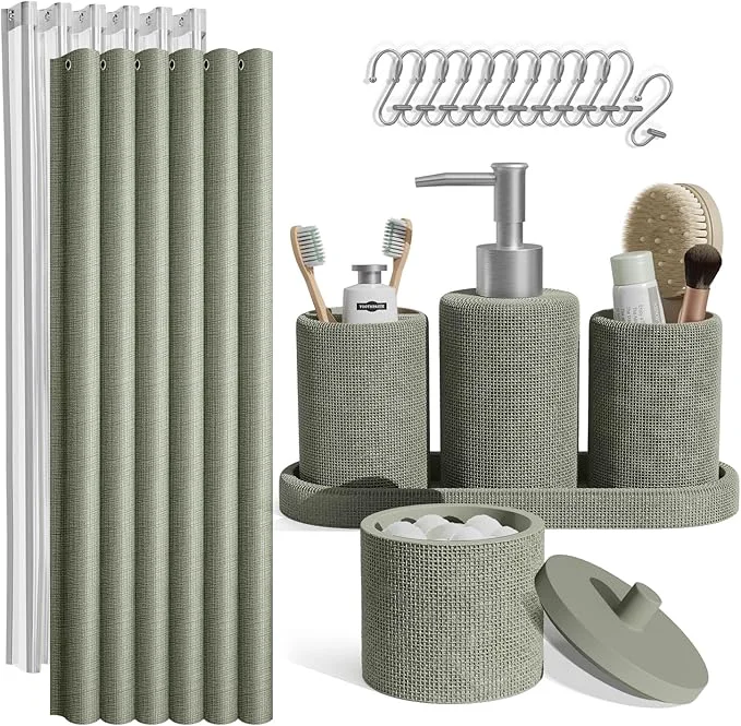 Advanced Clara Clark Sage Green Bathroom Set - Bathroom Accessories Set 19PC Bathroom Accessory Set Bathroom Sets with Shower Curtain Set Soap Dispenser Toothbrush HolderAbout ThisOverview Durable