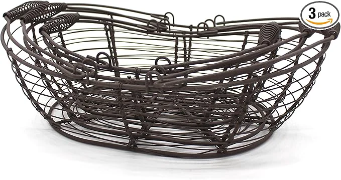 Detailed CVHOMEDECO. Oval Metal Wire Storage Baskets Rustic Egg Baskets with Swing Handles Farmhouse Gathering Baskets. Rusty Set of 3About ThisOverview Genuine