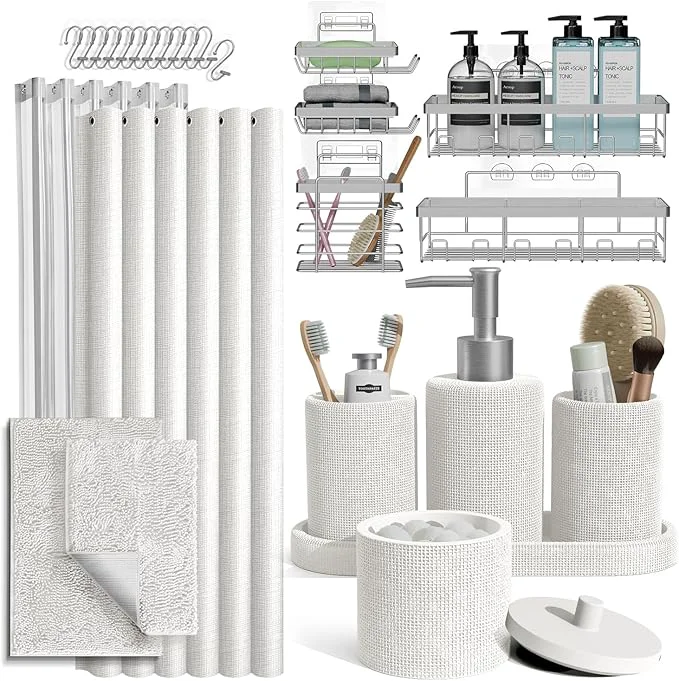 Proven Clara Clark White Bathroom Set - Bathroom Sets with Shower Curtain and Rugs 26PC Bathroom Accessory Set Shower Curtain Set with Adhesive Corner Shower Caddy Hanging Soap DispenserAbout ThisOverview Easy-to-Use