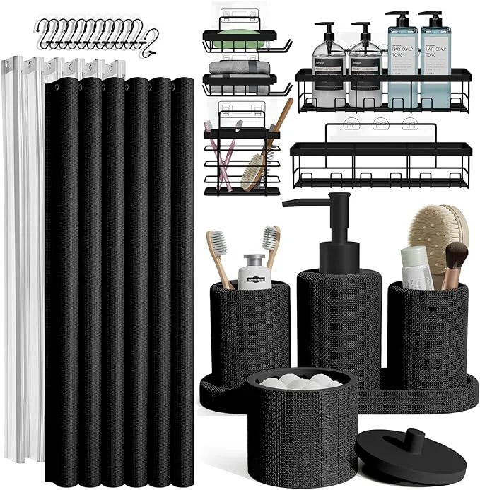 Authentic Clara Clark Bathroom Set - Black Bathroom Accessories Set 24PC Bathroom Accessory Set Bathroom Sets with Shower Curtain Set Adhesive Corner Shower Caddy Hanging Soap DispenserAbout ThisOverview Organic