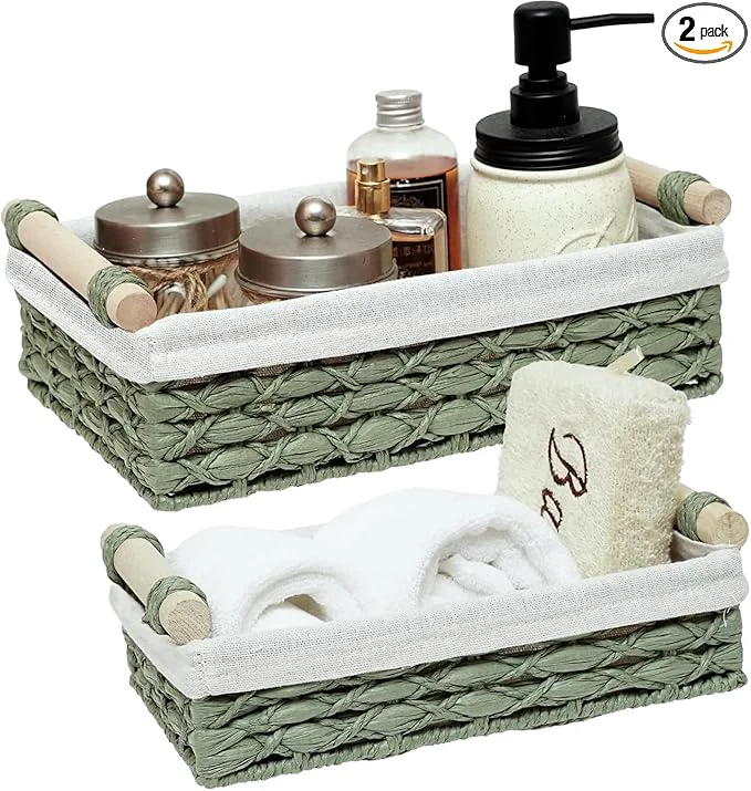 Eco-Friendly Baskets for Organizing Set of 2 Green Wicker Bathroom Countertop Baskets with Liner Paper Rope Basket Organizer with Wooden Handles for Vanity Counter Shelf StorageAbout ThisOverview Fine