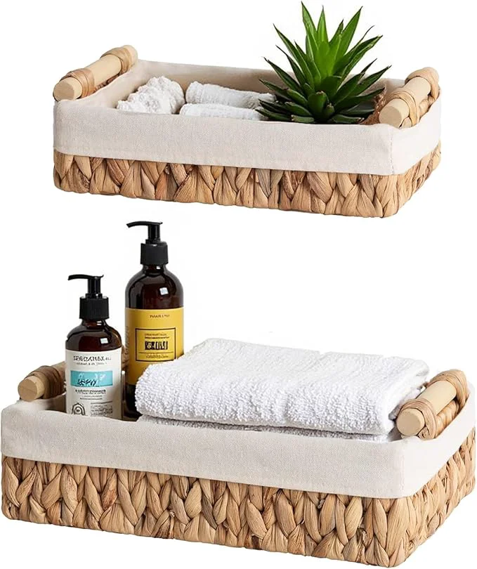 Baskets for Organizing Set of 2 Natural Water Hyacinth Bathroom Countertop Baskets with Liner Wicker Basket Organizer with Wooden Handles for Vanity Counter Shelf StorageAbout ThisOverview Advanced