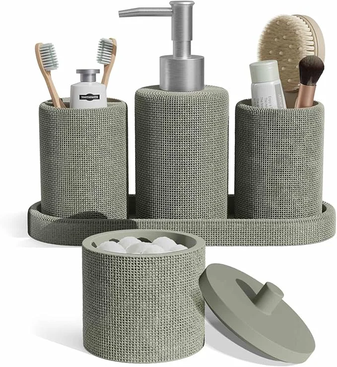 High-Grade Clara Clark Bathroom Set - Sage Green Bathroom Accessories Set 5PC Bathroom Accessory Set Bathroom Sets with Soap Dispenser Toothbrush Holder Tumbler Cotton Swab Jar Vanity TrayAbout ThisOverview Effective