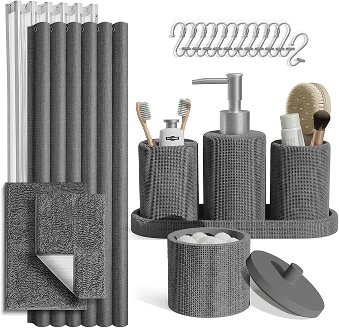 Elegant Clara Clark Grey Bathroom Set - Bathroom Sets with Shower Curtain and Rugs 21PC Bathroom Accessory Set Shower Curtain Set with Soap Dispenser Toothbrush HolderAbout ThisOverview Traditional