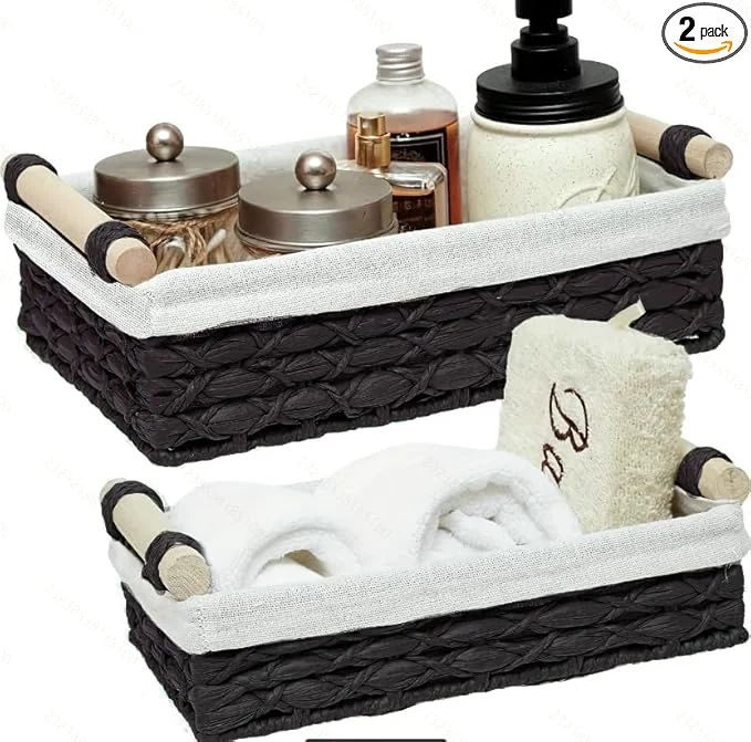High-Quality Baskets for Organizing Set of 2 Black Paper Rope Bathroom Countertop Baskets with Liner Woven Basket Organizer with Wooden Handles for Vanity Counter Shelf StorageAbout ThisOverview Selected