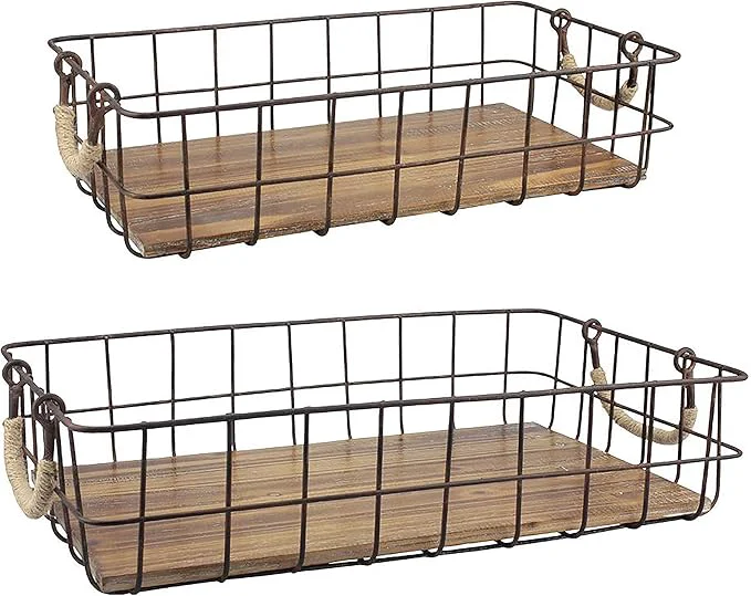Innovative Stonebriar Stackable 2pc Rectangle Metal Wire and Wood Basket Set with Rope Wrapped Handles Rustic Decor for Home Storage Decorative Serving Baskets for Weddings Birthdays and Holiday PartiesAbout ThisOverview High-End