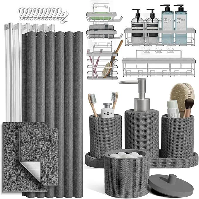 Elite Clara Clark Grey Bathroom Set - Bathroom Sets with Shower Curtain and Rugs 26PC Bathroom Accessory Set Shower Curtain Set with Adhesive Corner Shower Caddy Hanging Soap DispenserAbout ThisOverview Enhanced