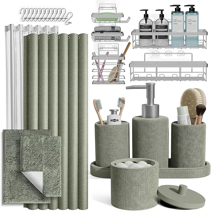 Elite Clara Clark Sage Green Bathroom Set - Bathroom Sets with Shower Curtain and Rugs 26PC Bathroom Accessory Set Shower Curtain Set with Adhesive Corner Shower Caddy Hanging Soap DispenserAbout ThisOverview Reliable