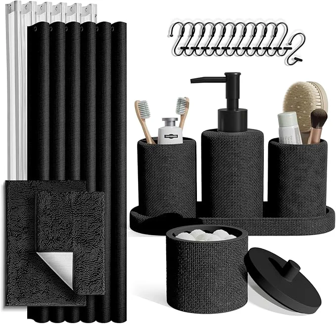 Recyclable Clara Clark Black Bathroom Set - Bathroom Sets with Shower Curtain and Rugs 21PC Bathroom Accessory Set Shower Curtain Set with Soap Dispenser Toothbrush HolderAbout ThisOverview Enhanced