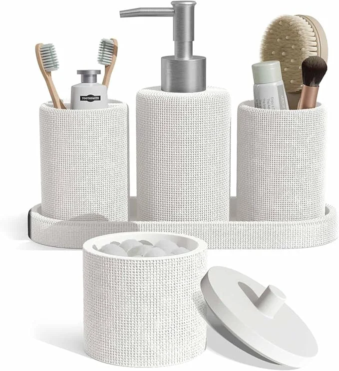 Secure Clara Clark Bathroom Set - White Bathroom Accessories Set 5PC Bathroom Accessory Set Bathroom Sets with Soap Dispenser Toothbrush Holder Tumbler Cotton Swab Jar Vanity TrayAbout ThisOverview Premium Material