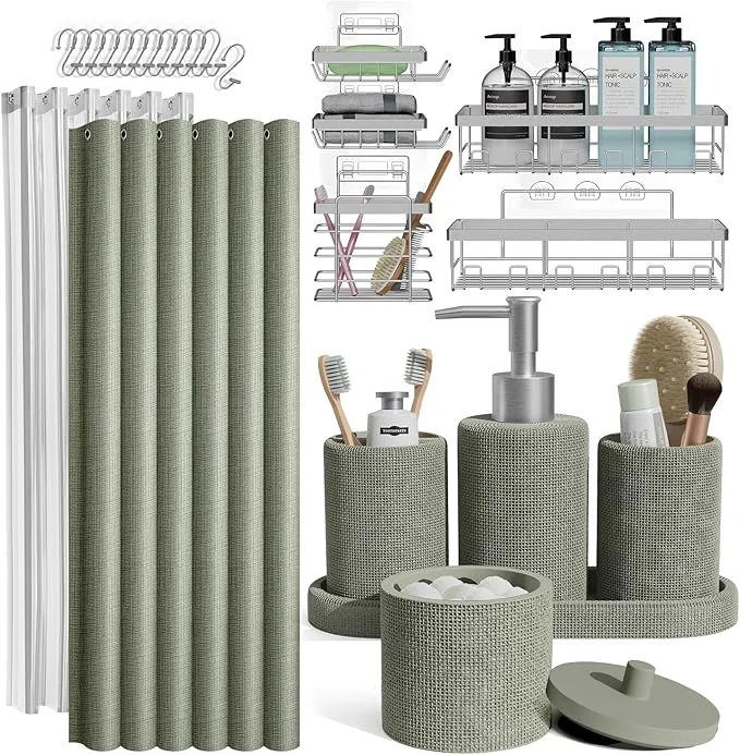 Elegant Clara Clark Sage Green Bathroom Set - Bathroom Accessories Set 24PC Bathroom Accessory Set Bathroom Sets with Shower Curtain Set Adhesive Corner Shower Caddy Hanging Soap DispenserAbout ThisOverview Original