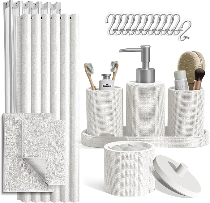 Practical Clara Clark White Bathroom Set - Bathroom Sets with Shower Curtain and Rugs 21PC Bathroom Accessory Set Shower Curtain Set with Soap Dispenser Toothbrush HolderAbout ThisOverview Long-Lasting