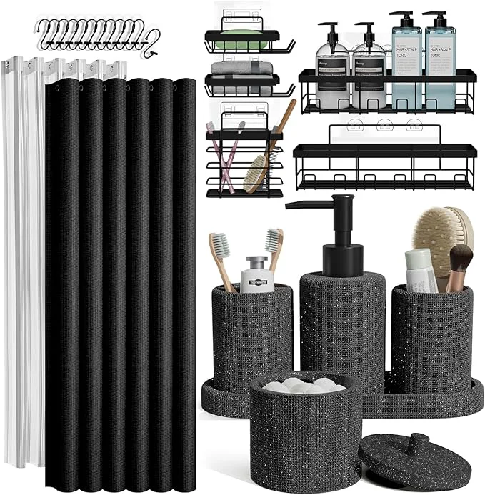Consistent Clara Clark Bathroom Set - Coal Black Bathroom Accessories Set 24PC Bathroom Accessory Set Bathroom Sets with Shower Curtain Set Adhesive Corner Shower Caddy Hanging Soap DispenserAbout ThisOverview Proven