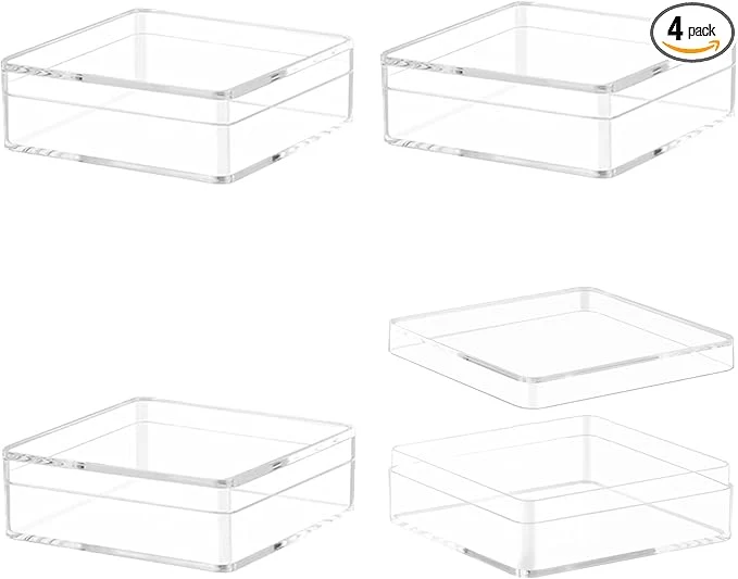 Versatile Clear Square Cube Acrylic Box 4 Packs With Lid - Transparent Storage Containers for Candy Pills and Tiny Jewelry - 4 x 4 x 2.4 InchAbout ThisOverview Fine