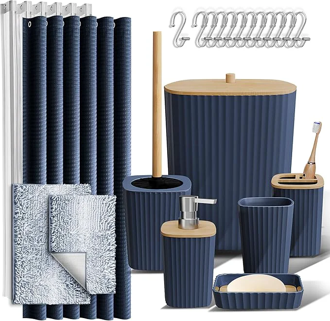 Certified Clara Clark Bathroom Accessories Set - Bathroom Set Bathroom Sets with Shower Curtain and Rugs Shower Curtain Set with Bathroom Trash Can - Ombre Navy - 22PCAbout ThisOverview Genuine