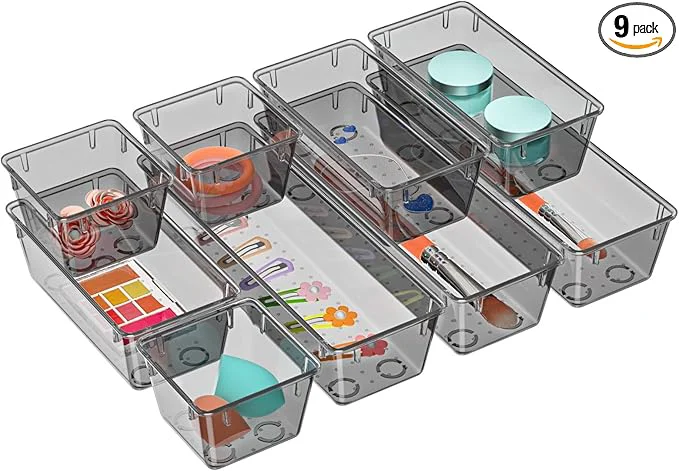 High-Quality WOWBOX 9 Pack Clear Drawer Organizer Set Acrylic Drawer Storage Trays Storage Bins for Makeup Cosmetics Jewelries Utensils Gadgets Office BlackAbout ThisOverview Fine Crafted