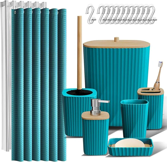 High-Quality Clara Clark Bathroom Accessories Set - Bathroom Set Bathroom Accessory Set Shower Curtain Set Toilet Brush Trash Can Soap Dispenser - Teal - 20PCAbout ThisOverview Smooth