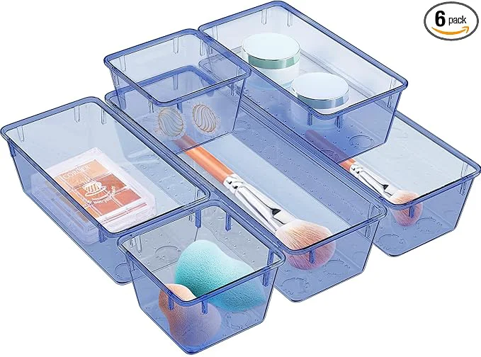 Functional WOWBOX 6 Pack Clear Drawer Organizer Set Acrylic Drawer Storage Trays Storage Bins for Makeup Cosmetics Jewelries Utensils Gadgets Office Dark BlueAbout ThisOverview Solid