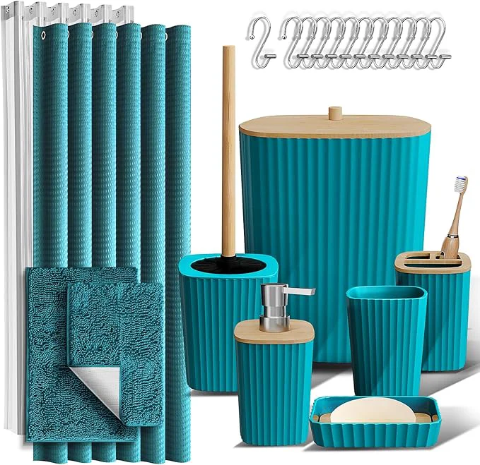 Original Clara Clark Bathroom Accessories Set - Bathroom Set Bathroom Sets with Shower Curtain and Rugs Shower Curtain Set with Bathroom Trash Can - Teal - 22PCAbout ThisOverview Long-Lasting