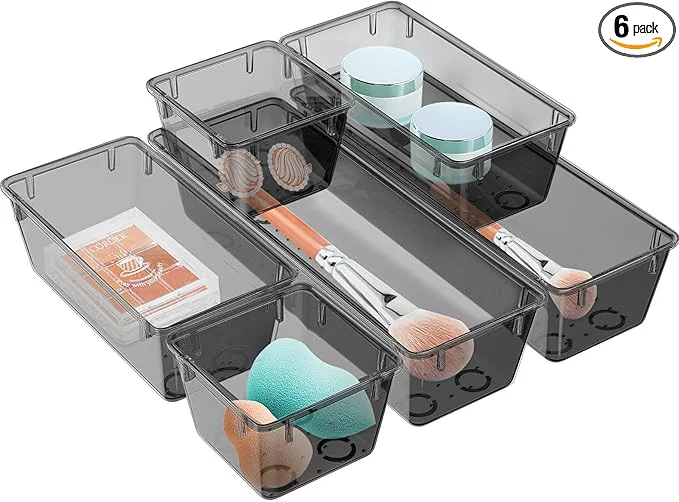 Durable WOWBOX 6 Pack Clear Drawer Organizer Set Acrylic Drawer Storage Trays Storage Bins for Makeup Cosmetics Jewelries Utensils Gadgets Office BlackAbout ThisOverview Luxury