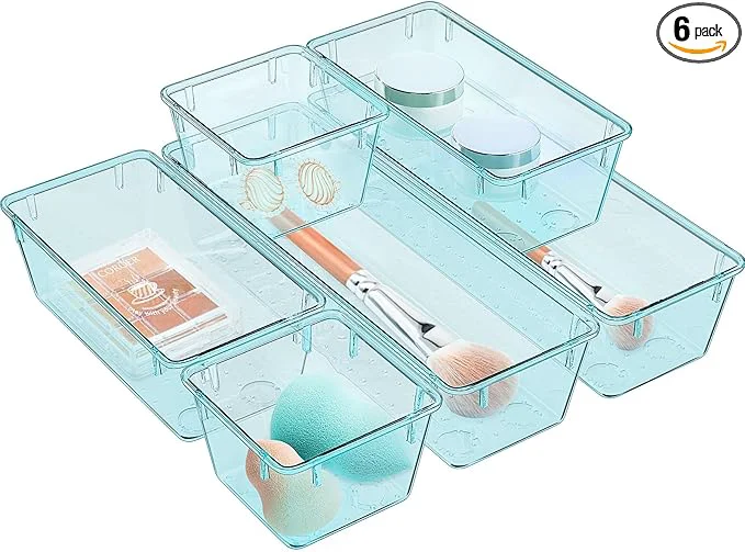 Outstanding WOWBOX 6 Pack Clear Drawer Organizer Set Acrylic Drawer Storage Trays Storage Bins for Makeup Cosmetics Jewelries Utensils Gadgets Office Sea BlueAbout ThisOverview Proven