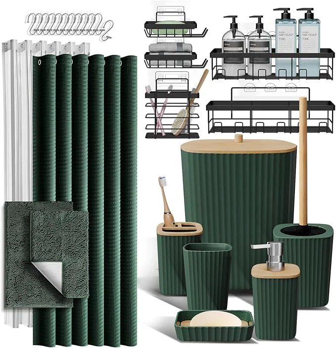 Sophisticated Clara Clark Bathroom Accessories Set - 27PC Bathroom Set with Adhesive Corner Shower Caddy Hanging Bathroom Sets with Shower Curtain and Rugs Hunter Green Shower Curtain Set with Bathroom Trash CanAbout ThisOverview Original