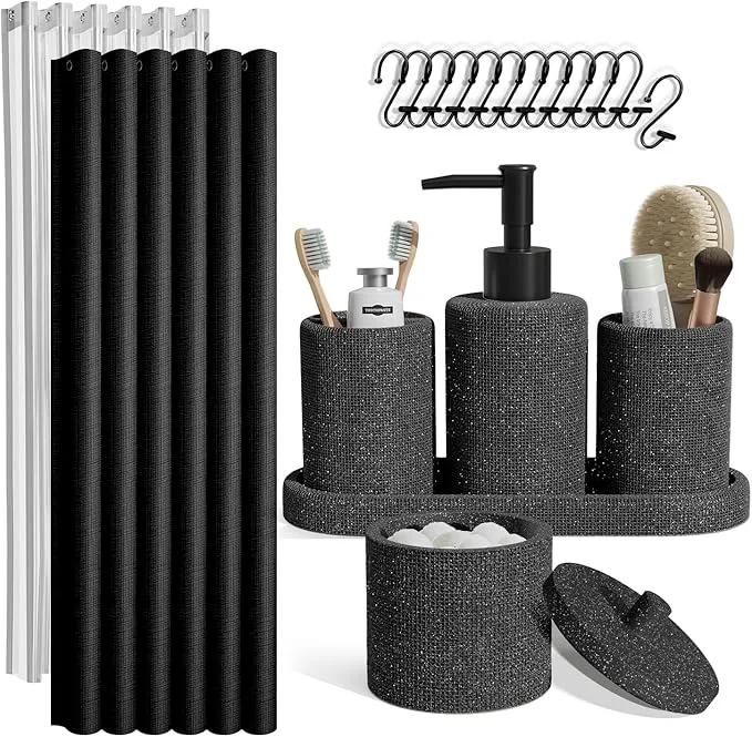 Powerful Clara Clark Bathroom Set - Coal Black Bathroom Accessories Set 19PC Bathroom Accessory Set Bathroom Sets with Shower Curtain Set Soap Dispenser Toothbrush HolderAbout ThisOverview Reliable