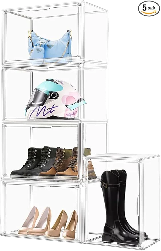 High-Quality 5 Pack XXX-Large Acrylic Handbag Organizer 17.7''x13''x13'' Tall Boots Storage Organizer Clear Big Display Case with Dustproof Magnetic Lid Stackable Plastic Box for Shoes Helmet Boots FiguresAbout ThisOverview Innovative