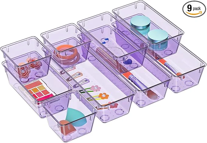 Verified WOWBOX 9 Pack Clear Drawer Organizer Set Acrylic Drawer Storage Trays Storage Bins for Makeup Cosmetics Jewelries Utensils Gadgets Office PurpleAbout ThisOverview Practical
