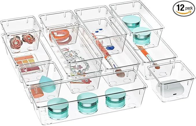 Natural WOWBOX 12 Pack Clear Drawer Organizer Set Acrylic Drawer Storage Trays Storage Bins for Makeup Cosmetics Jewelries Utensils Gadgets OfficeAbout ThisOverview Organic